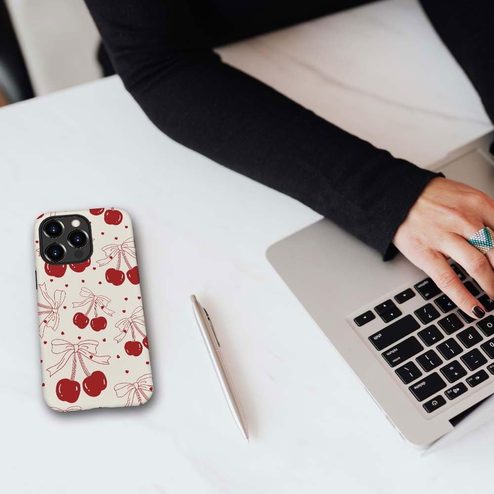 iPhone 15 Pro Max Case,HH2 Red Cherry Bows Hybrid 2 Layer