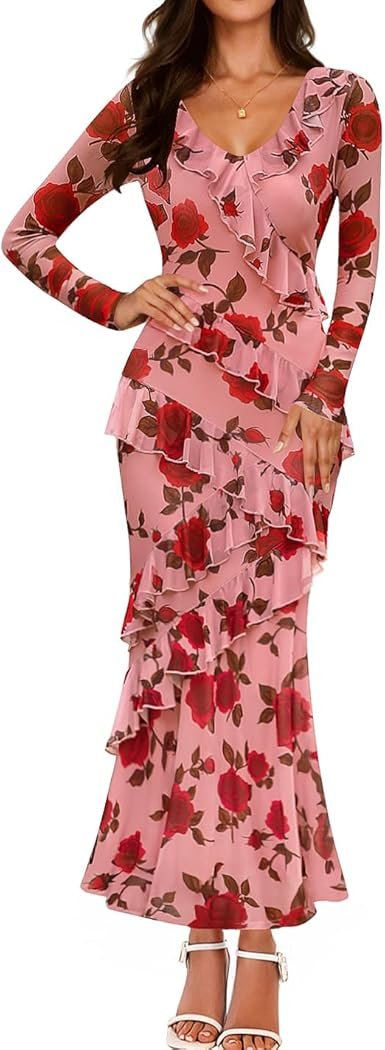ZESICA Women's Fall Floral Long Sleeve Maxi Dress 2025 - Image 3