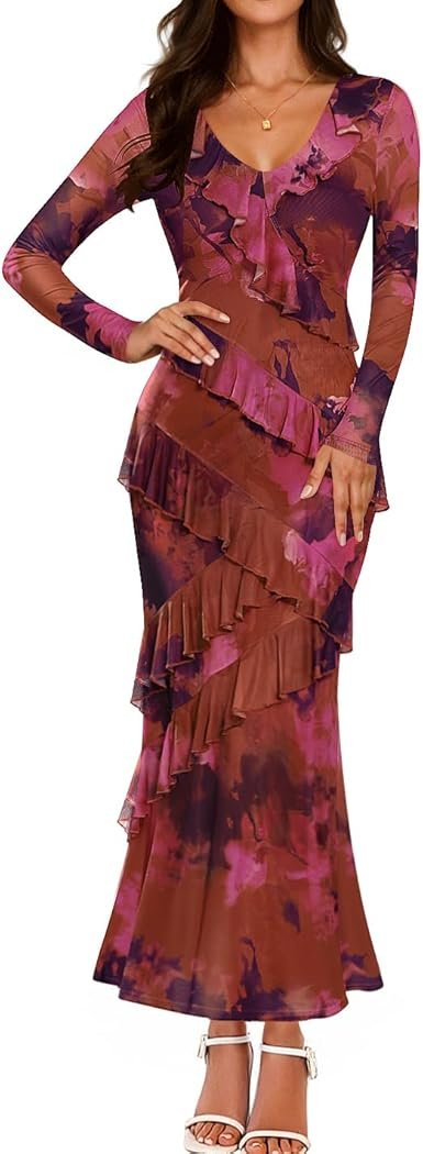 ZESICA Women's Fall Floral Long Sleeve Maxi Dress 2025