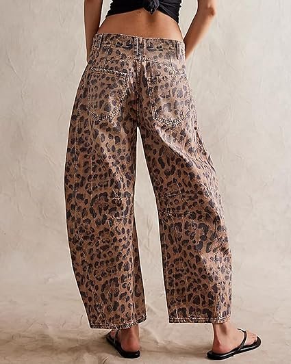 Women Leopard Barrel Jeans Casual Wide Leg Baggy - Image 5