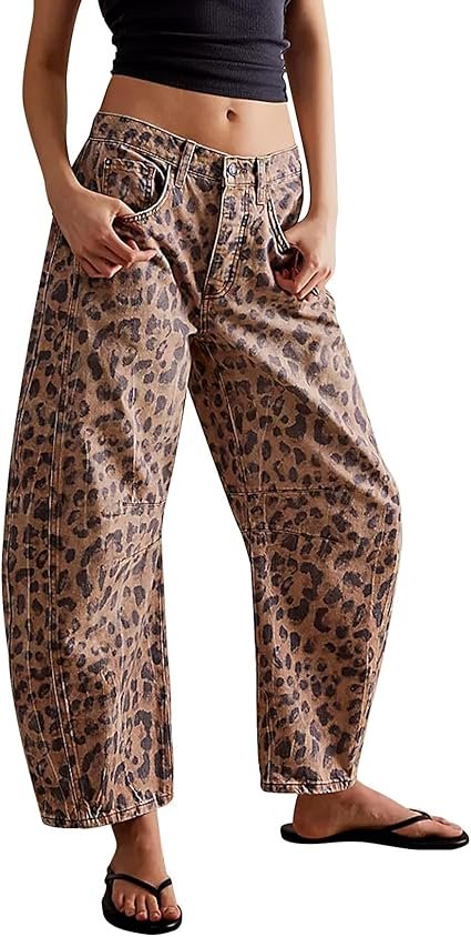 Women Leopard Barrel Jeans Casual Wide Leg Baggy
